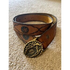Vintage Western Leather Belt with Ornate Brass Buckle Floral Embossed
